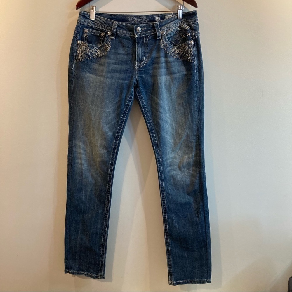 MISS ME Sz 31 Signature Boot Rhinestones Embellished Mid-Rise Jeans